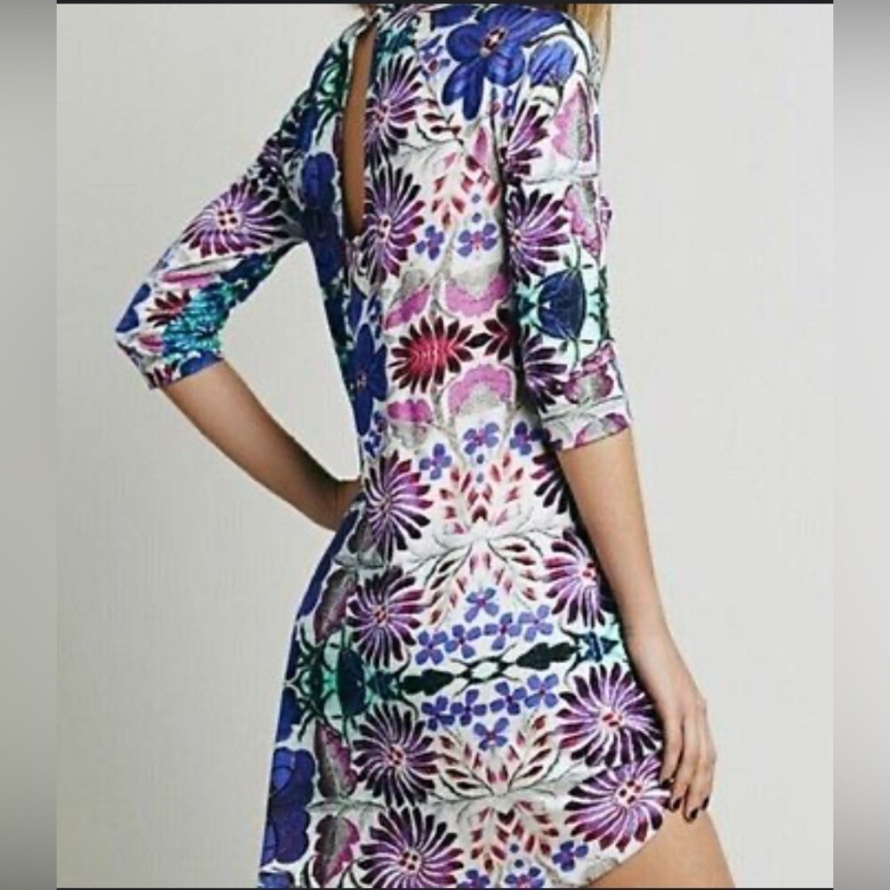 Free People Womens Floral Print Keyhole‎ Back Mini Dress Purple Teal Small